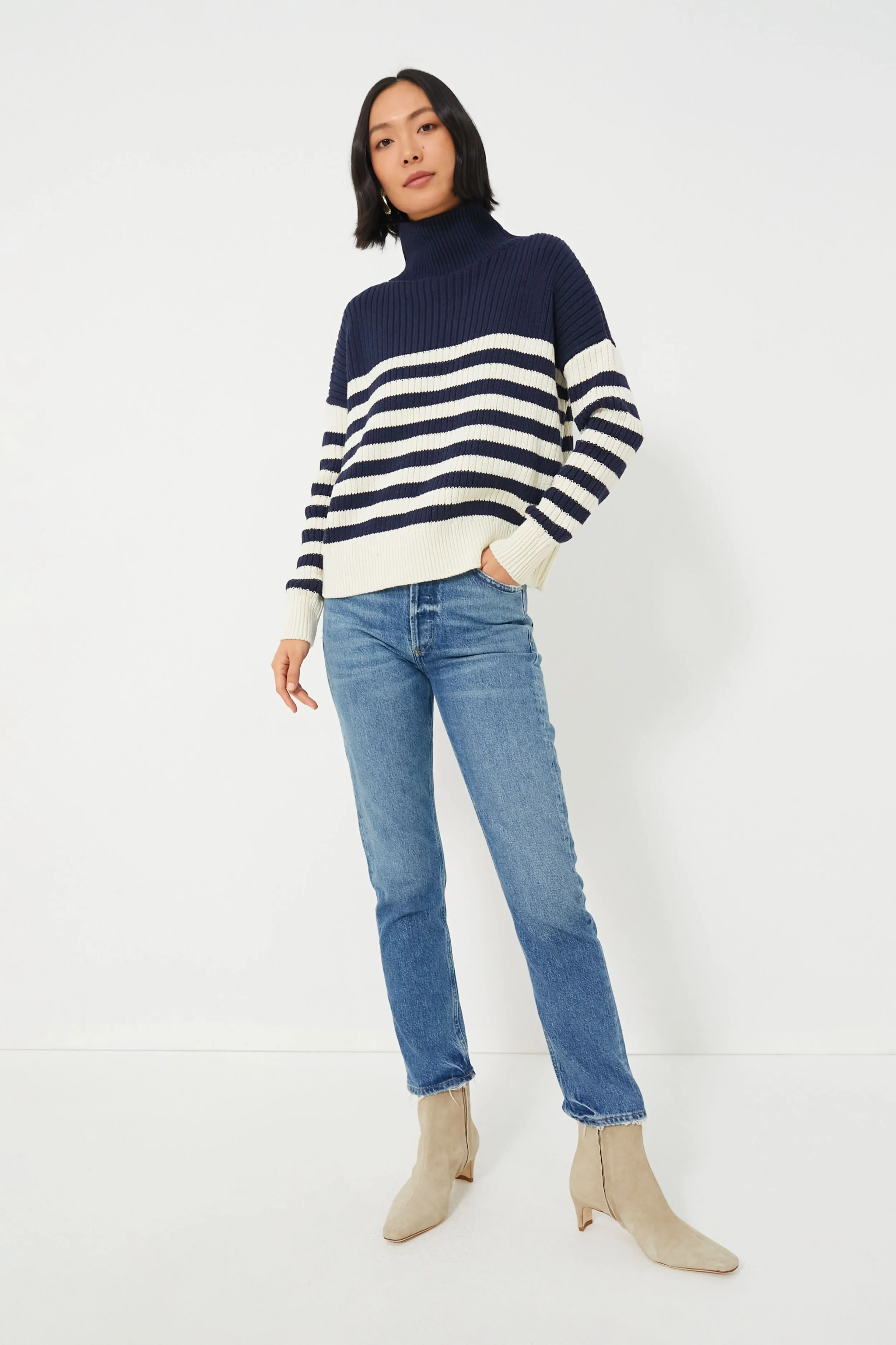 Navy Colorblock Stripe Organic Carolyn Funnel Neck Sweater
