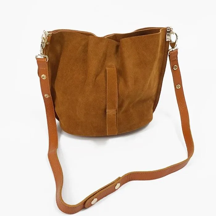 Real Leather Trendy Bucket Brown Nubuck Suede Over Shoulder Bag