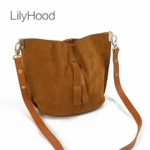 Real Leather Trendy Bucket Brown Nubuck Suede Over Shoulder Bag
