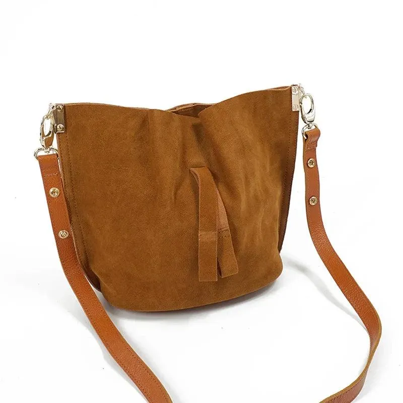 Real Leather Trendy Bucket Brown Nubuck Suede Over Shoulder Bag