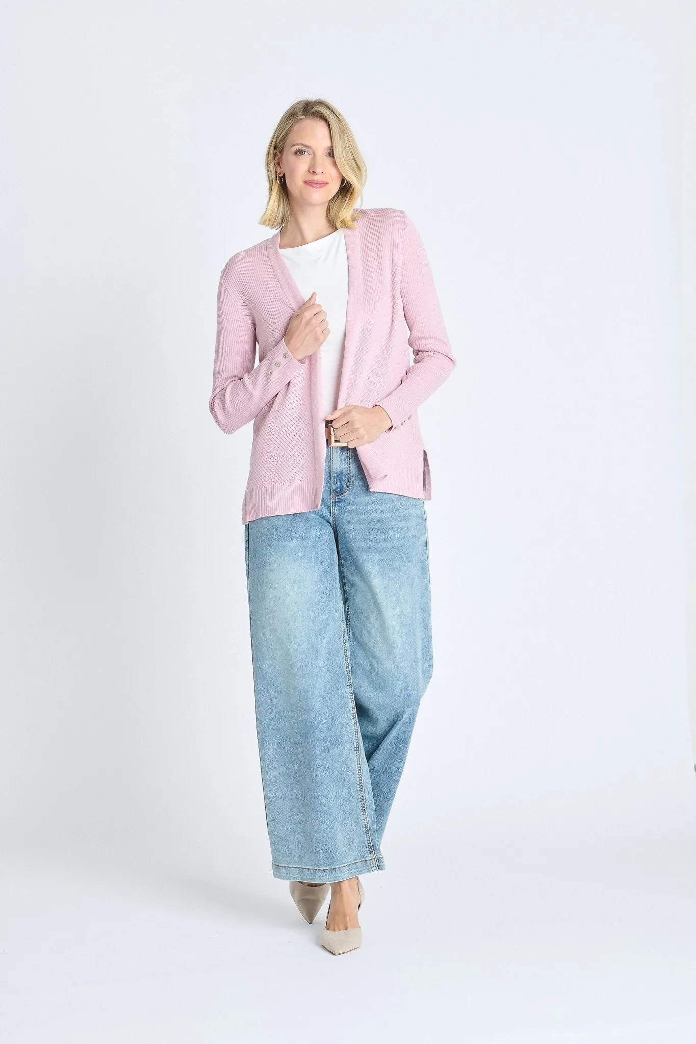 Rib Stitch Open Cardigan Sweater Pink Salt