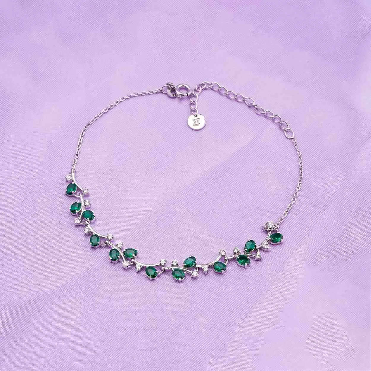 Silver Green Emerald Floral Theme Bracelet