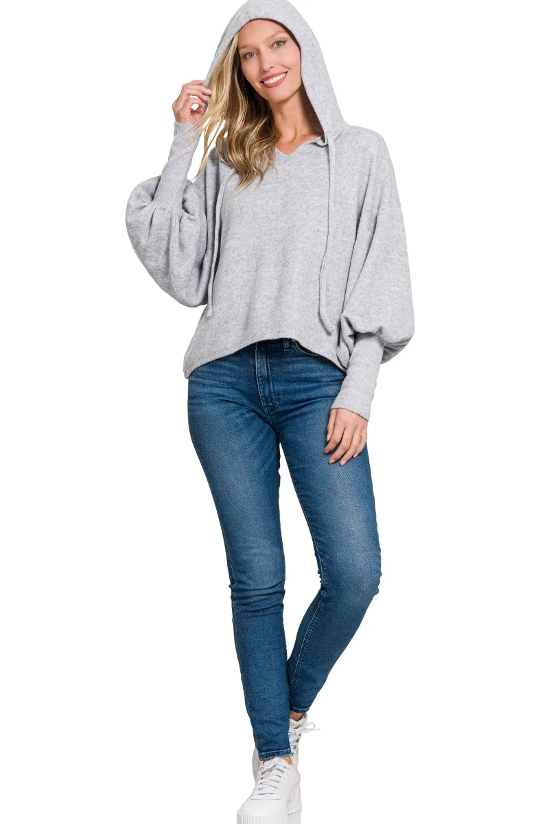 Soft Brushed Hacci Cropped Balloon Sleeve Hoodie