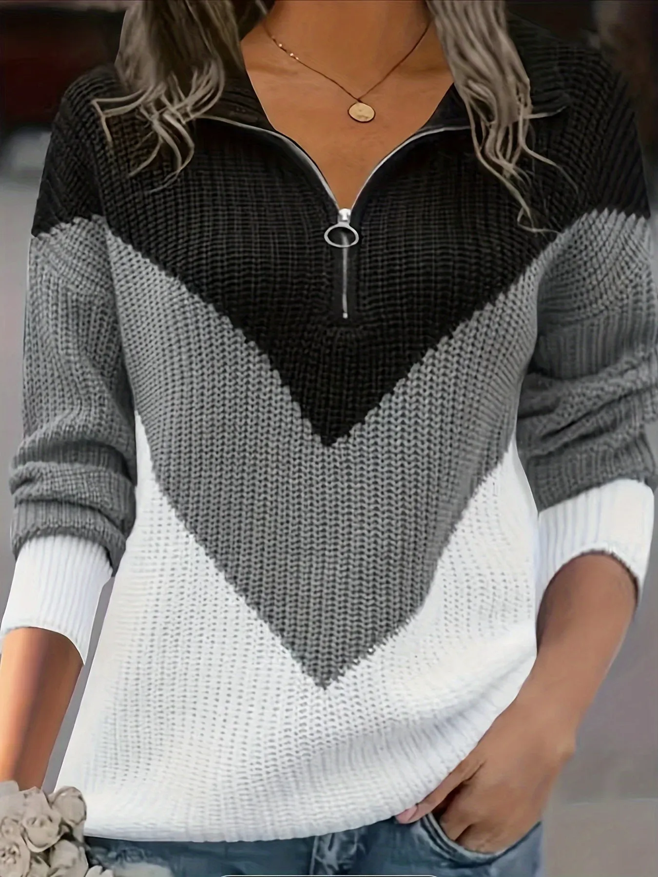 Vibrant Color Block Quarter Zip Sweater - Soft, Cozy, Long Sleeve Design for Fall & Winter - Women's Casual Clothing for Everyday Wear