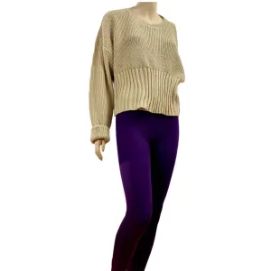 Women’s Tan Crew Neck Sweater Ribbed Knit Hemline
