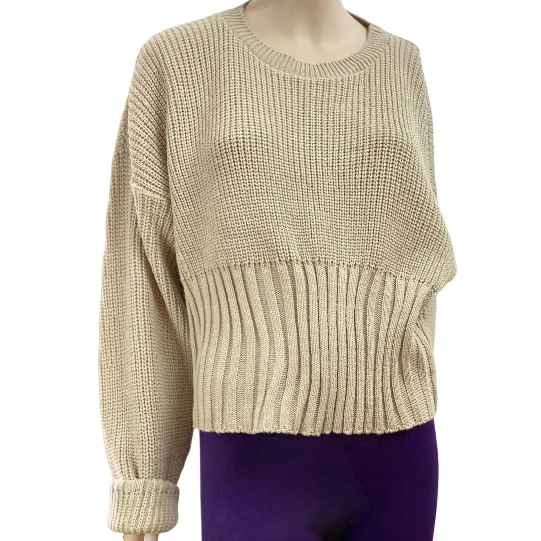 Women’s Tan Crew Neck Sweater Ribbed Knit Hemline
