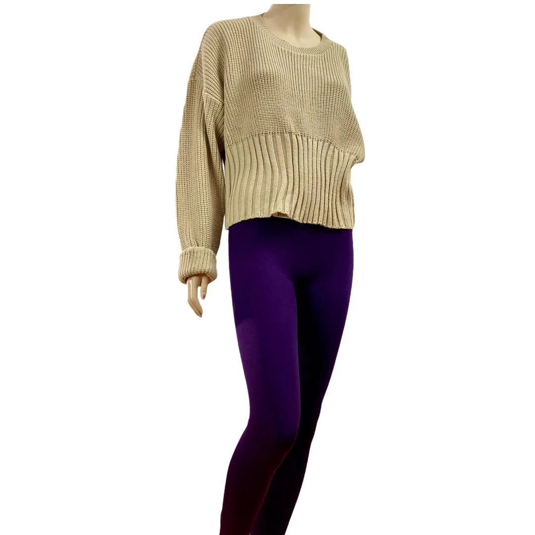 Women’s Tan Crew Neck Sweater Ribbed Knit Hemline